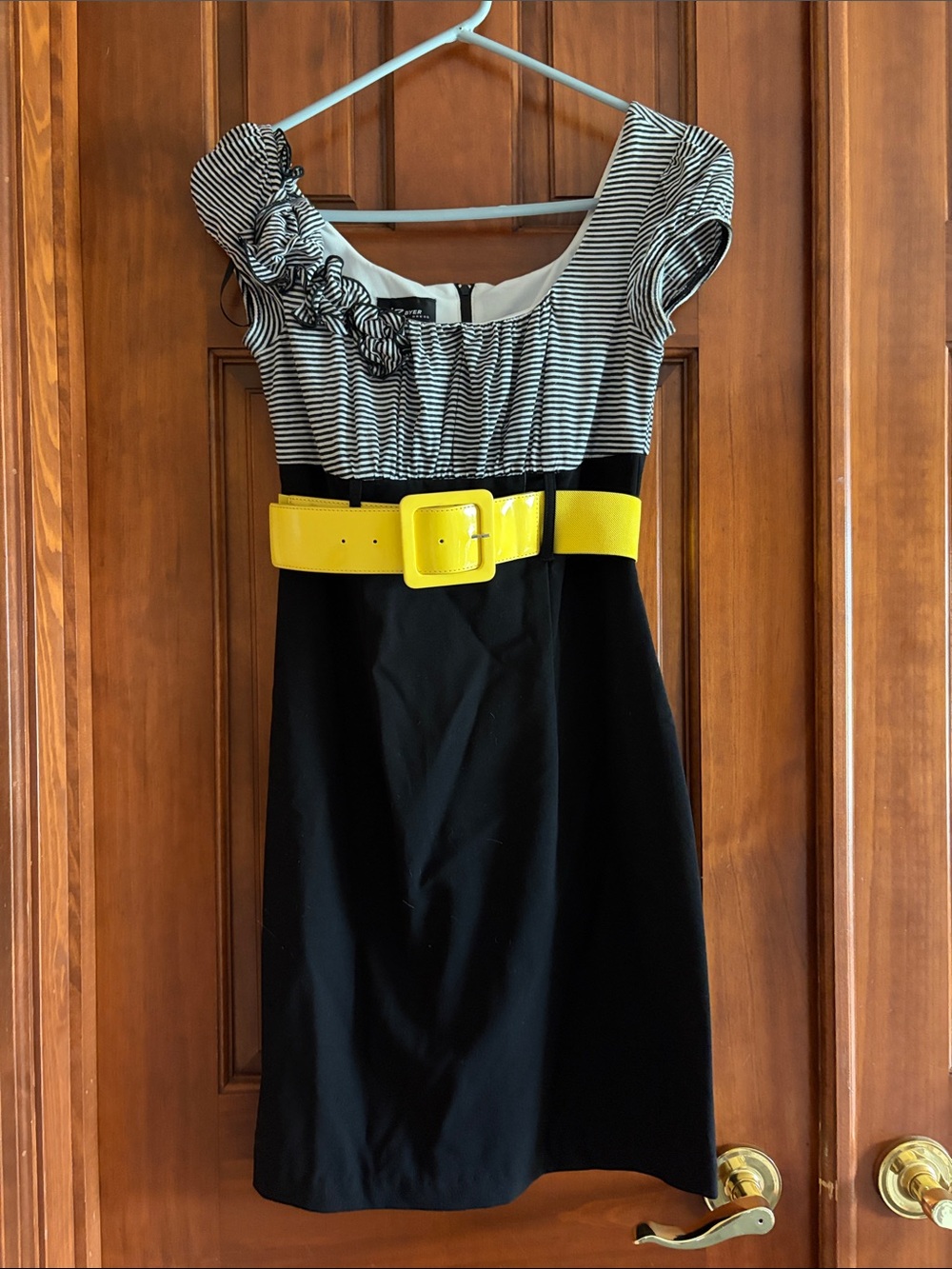 Iz Byer Black and White Striped Top Midi Dress with Yellow Belt